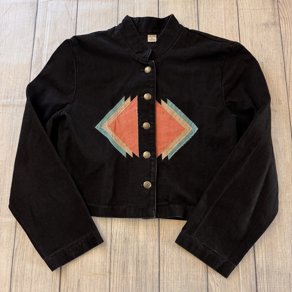 Moxie Vintage Black Cotton Southwestern Cropped Jacket Womens‎ L USA Geometric